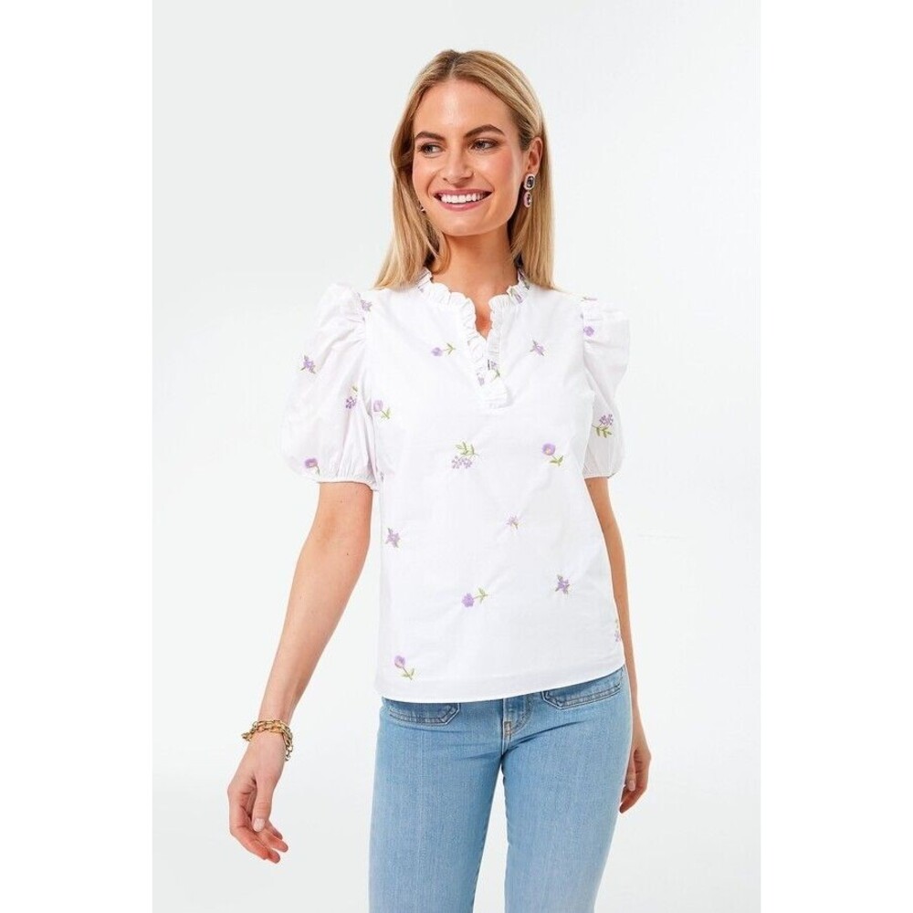 Tuckernuck Hyacinth House NEW White Purple Floral Embroidered Sara Blouse LARGE